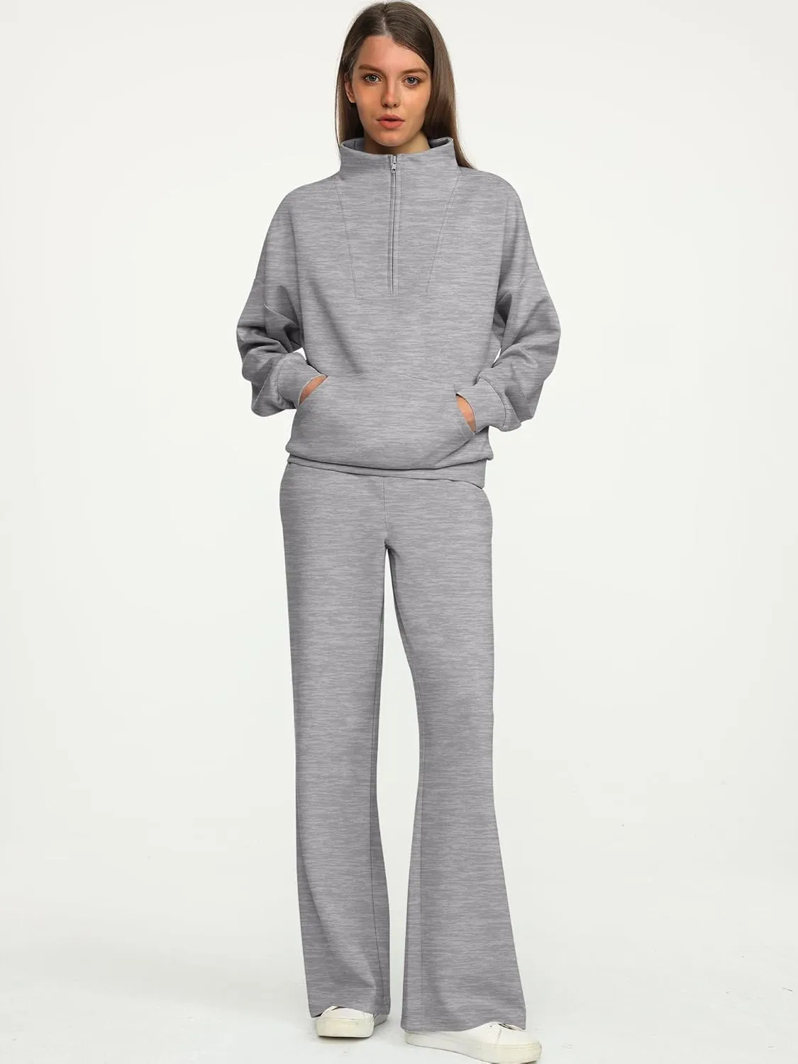 ANRABESS Women 2 Piece Outfits Sweatsuit Quarter Zip Sweatshirt Wide Leg Sweatpants Matching Lounge Set Travel Tracksuit