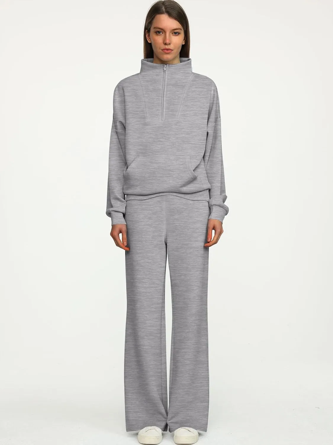 ANRABESS Women 2 Piece Outfits Sweatsuit Quarter Zip Sweatshirt Wide Leg Sweatpants Matching Lounge Set Travel Tracksuit
