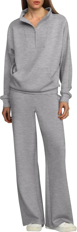ANRABESS Women 2 Piece Outfits Sweatsuit Quarter Zip Sweatshirt Wide Leg Sweatpants Matching Lounge Set Travel Tracksuit