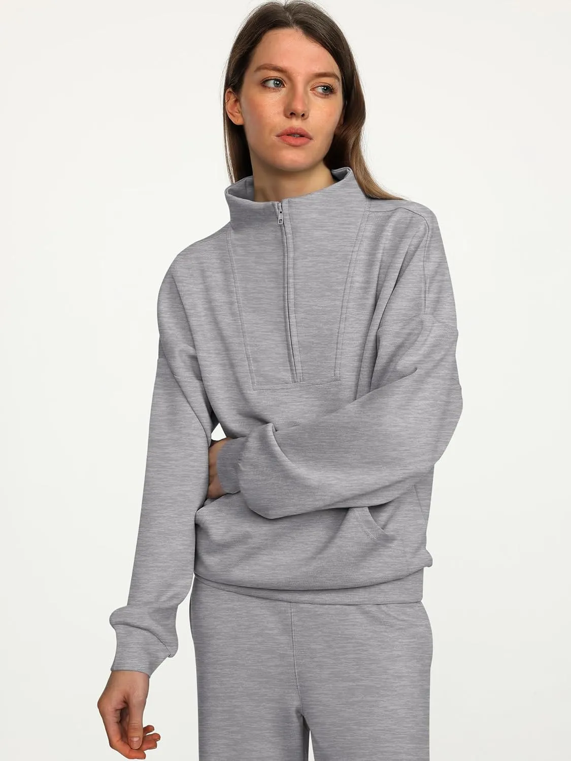 ANRABESS Women 2 Piece Outfits Sweatsuit Quarter Zip Sweatshirt Wide Leg Sweatpants Matching Lounge Set Travel Tracksuit