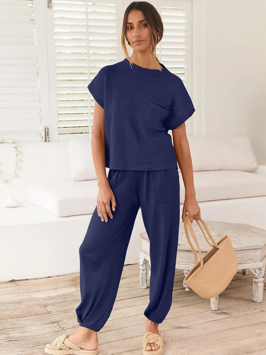 ANRABESS Women's Two Piece Outfits Knit Sweater Vest Crop Top Pants Lounge Matching Tracksuit Sweatsuit Travel Clothes Sets