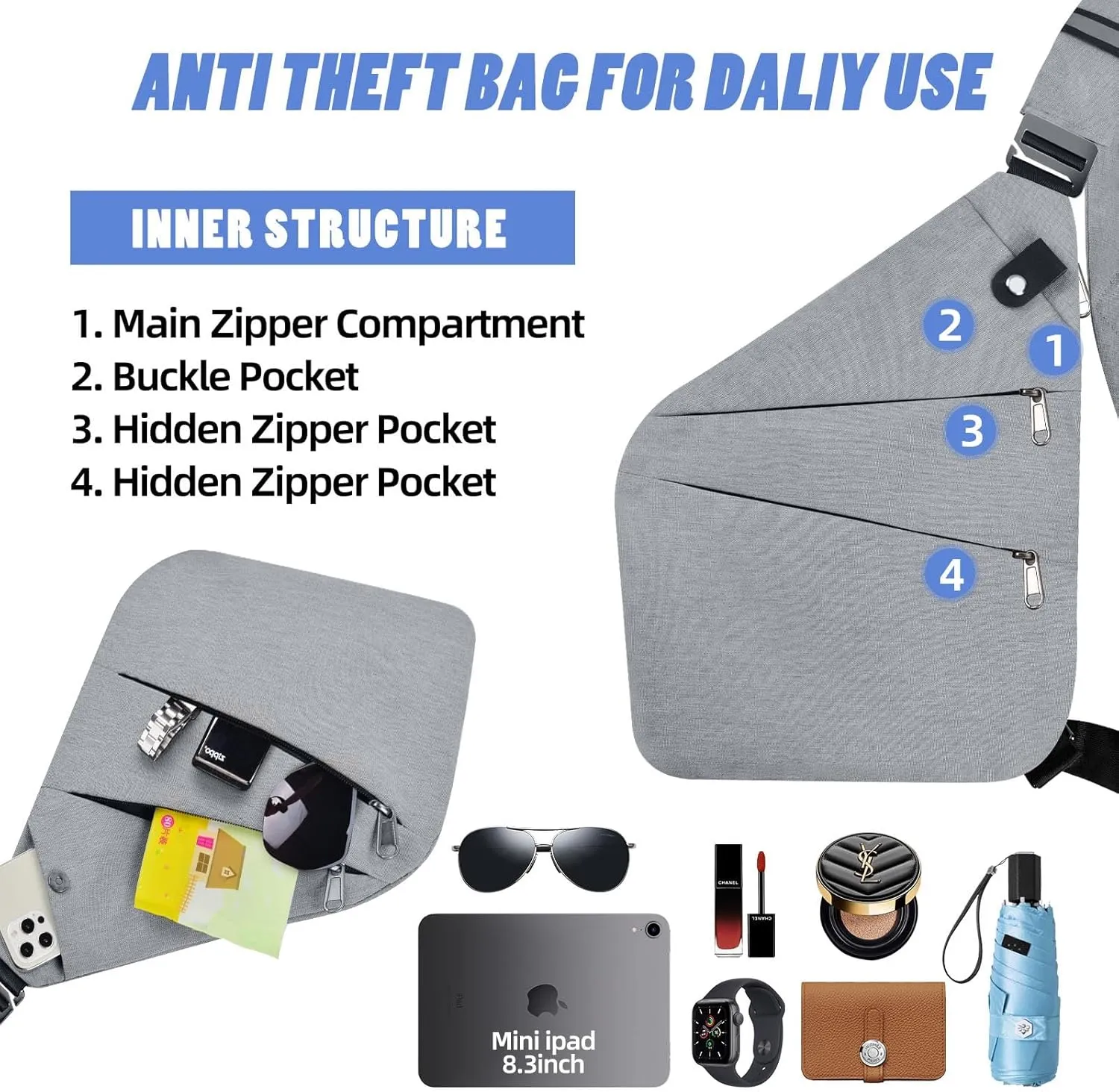 Anti Theft Crossbody Bag,Anti Theft Travel Bag for Women Men,Sling Crossbody Bag for Travel, Sport, Work