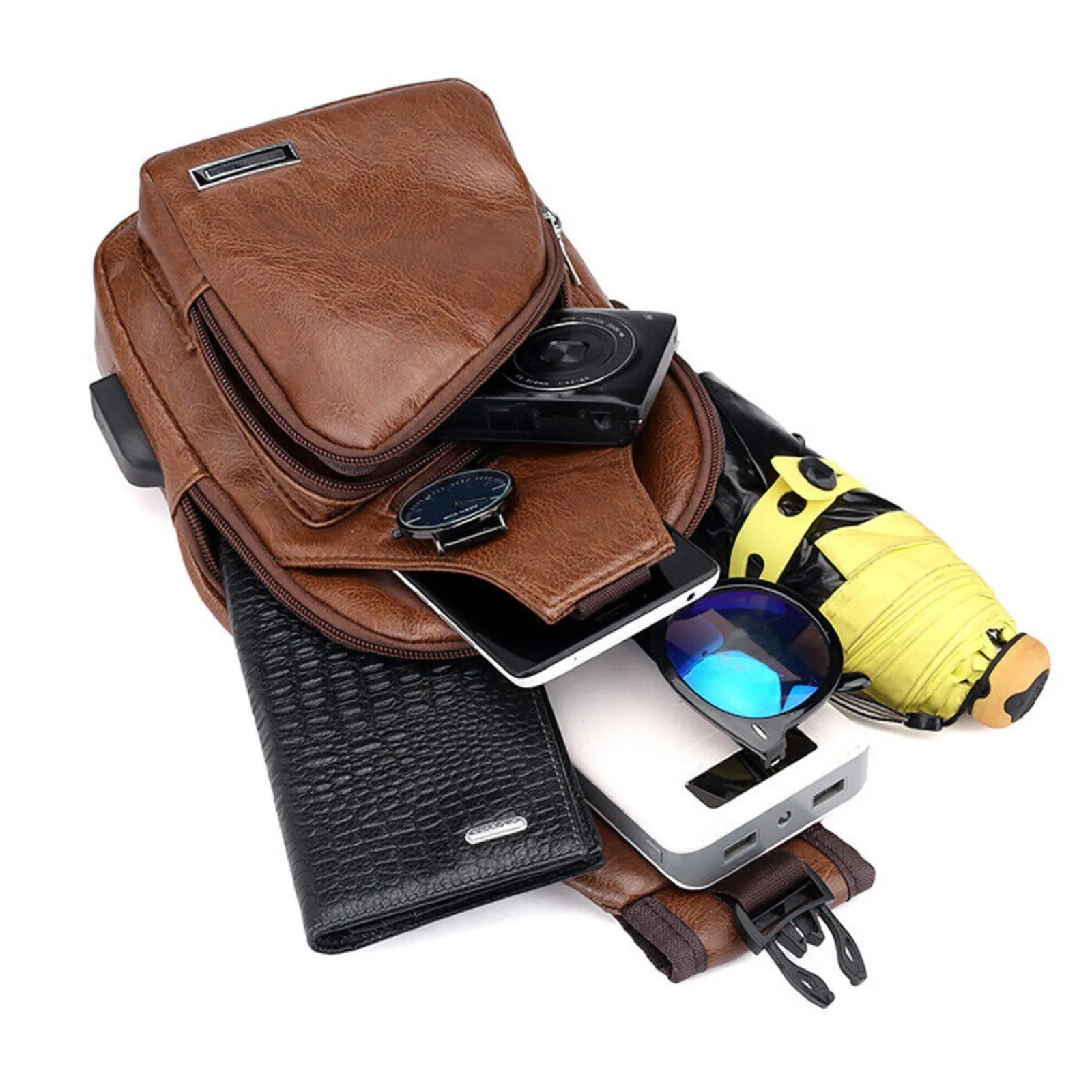 Anti Theft Crossbody Chest Pack Waterproof Bag Shoulder USB Charging Brown