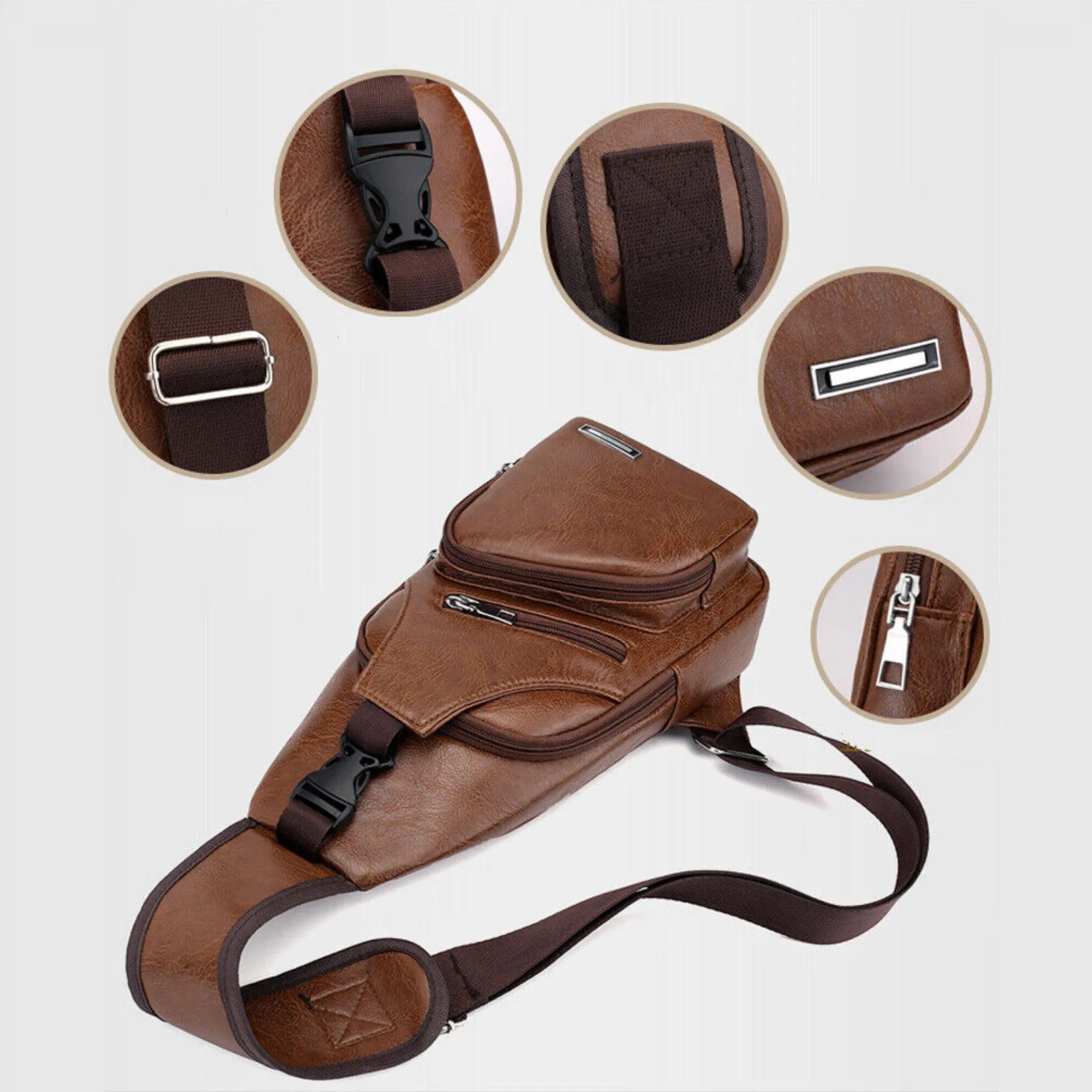 Anti Theft Crossbody Chest Pack Waterproof Bag Shoulder USB Charging Brown