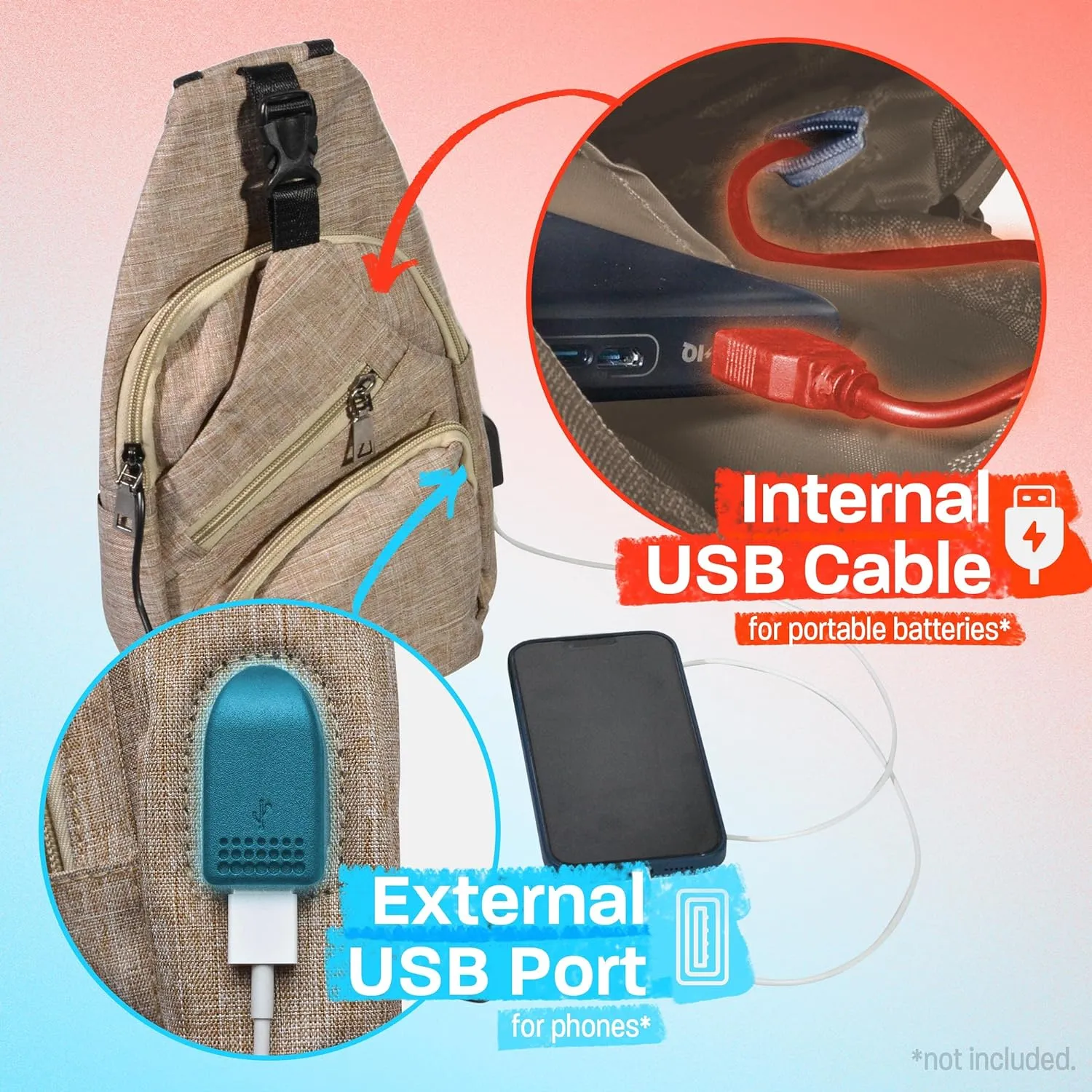 Anti-Theft Daypack Crossbody Sling Backpack, USB Charging Connector Port, Lightweight Day Pack for Travel, Hiking, Everyday, Regular, Olive