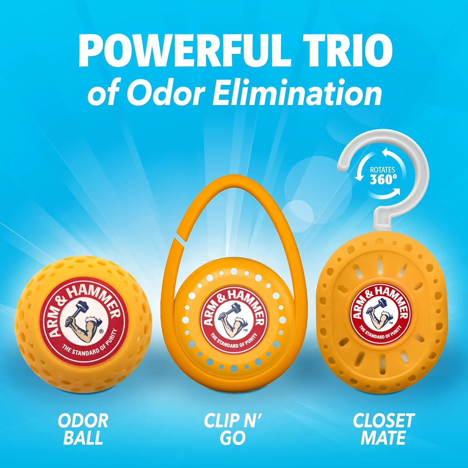 Arm and Hammer Odor Busterz Deodorizer Balls Mixed Pack: 4 odor eliminating balls, 2 with handy clips, 2 with hangers, 8 total for closets, bathrooms, work & sports gear, laundry hamper (8 Count)