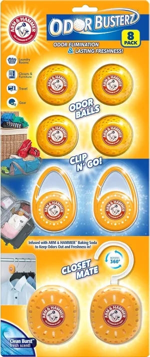 Arm and Hammer Odor Busterz Deodorizer Balls Mixed Pack: 4 odor eliminating balls, 2 with handy clips, 2 with hangers, 8 total for closets, bathrooms, work & sports gear, laundry hamper (8 Count)