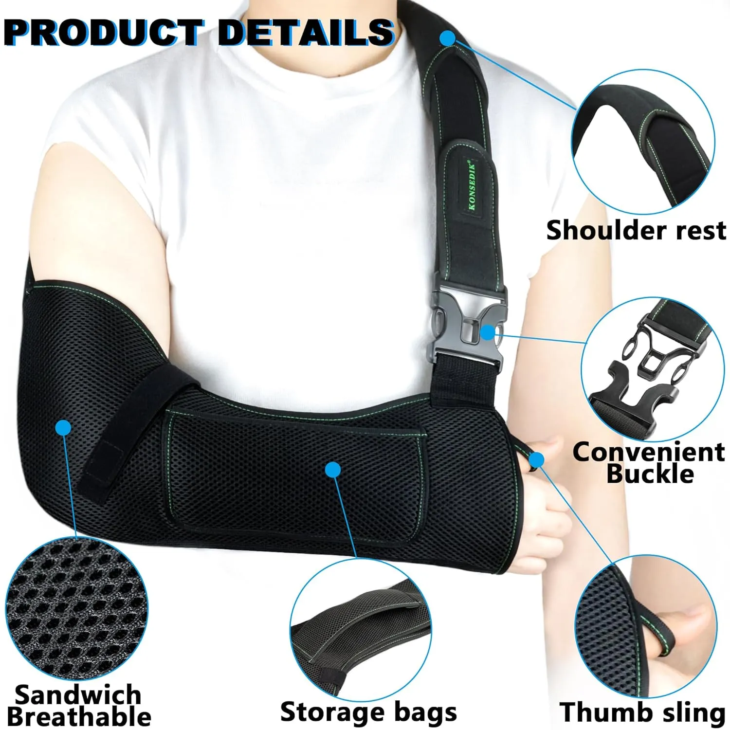Arm Shoulder Sling,Breathable Medical Sling with Shoulder Pad,support for Women and Men Rotator Cuff Injury,Left or Right Arm,Elbow,Clavicle Fracture Post-Surgery(Black,Medium)