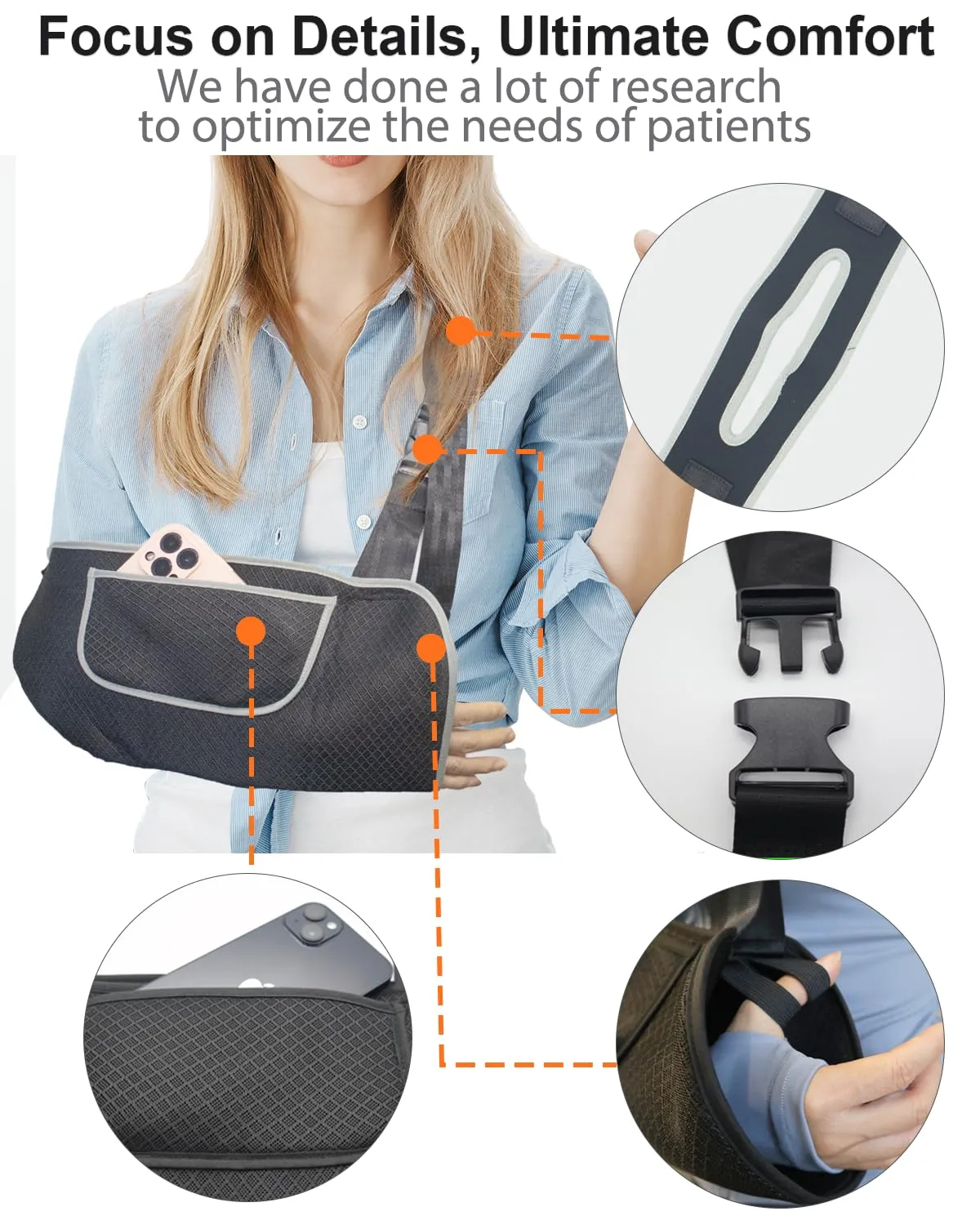 Arm Sling, Upgraded Straps, Ultimate Comfort, Convenient Pocket, Arm Sling Shoulder Immobilizer for Shoulder Injury, Elbow Injury, Wrist Injury, Fractured Bones, Rotator Cuff Support (L,Black & Grey)