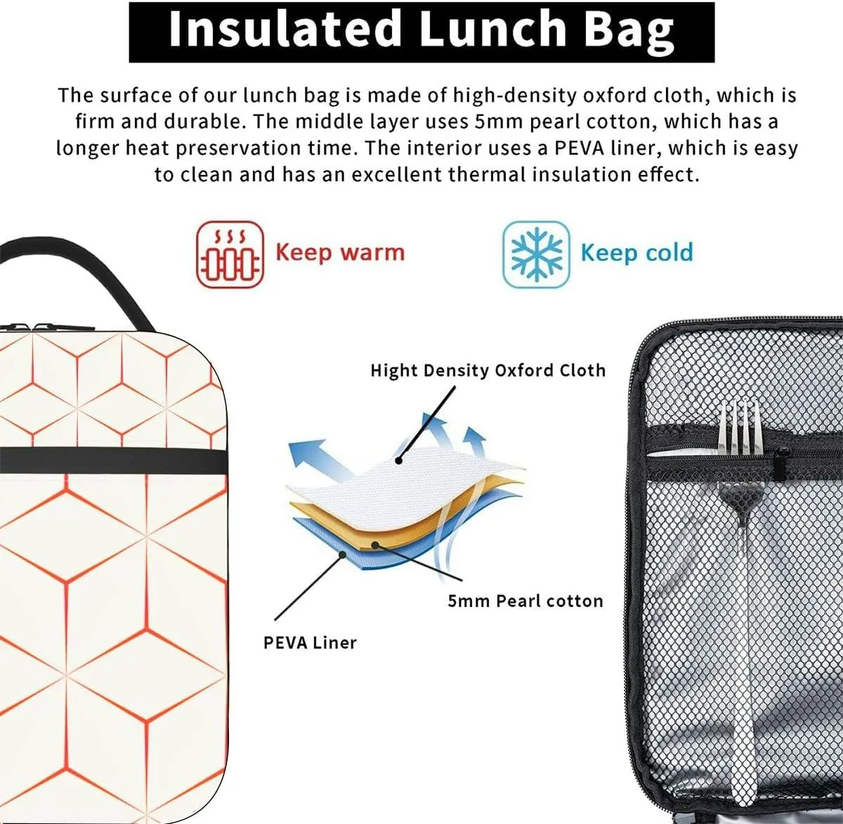 artistic red and white hexagonal geometric art Insulated Iunch Bag for Men Woman Large Portable Waterproof Reusable Thermal Lunch Box with Pockets for Work Travel Picnic