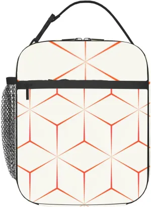 artistic red and white hexagonal geometric art Insulated Iunch Bag for Men Woman Large Portable Waterproof Reusable Thermal Lunch Box with Pockets for Work Travel Picnic