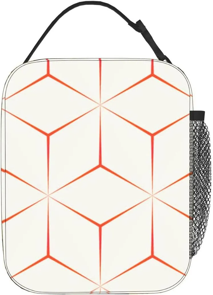 artistic red and white hexagonal geometric art Insulated Iunch Bag for Men Woman Large Portable Waterproof Reusable Thermal Lunch Box with Pockets for Work Travel Picnic