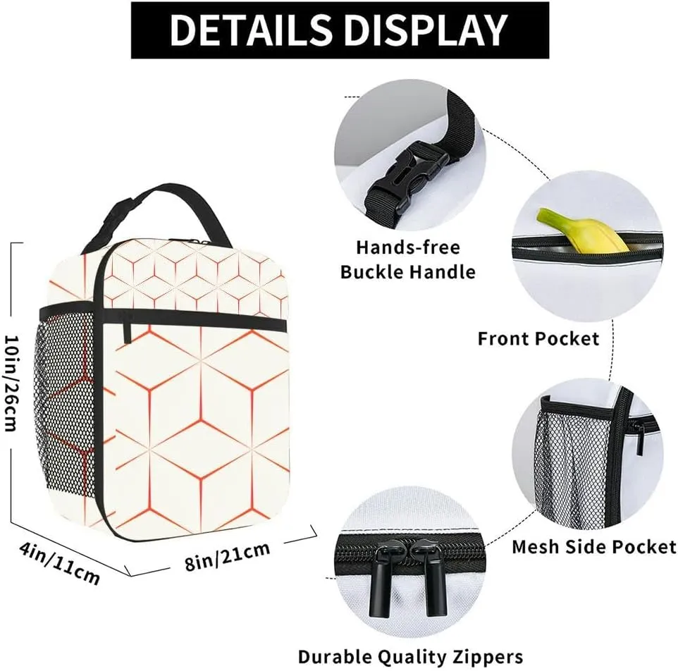 artistic red and white hexagonal geometric art Insulated Iunch Bag for Men Woman Large Portable Waterproof Reusable Thermal Lunch Box with Pockets for Work Travel Picnic