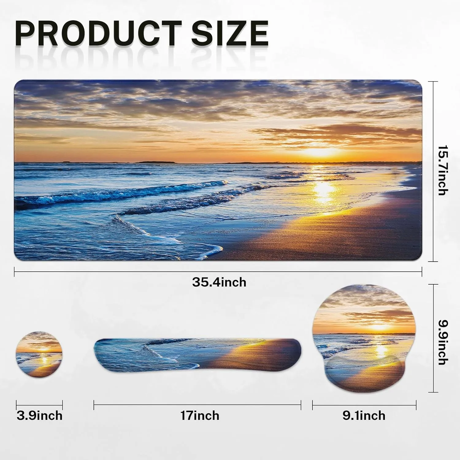 Arttown Sunset Sea Sun Desk Mat, Ocean Beach Blue Mouse Pad Set with Wrist Support, 4-in-1 Large Mousepad Keyboard Wrist Rest Mouse Wrist Rest Coaster with Ergonomic Design, Non-Slip Office Mat