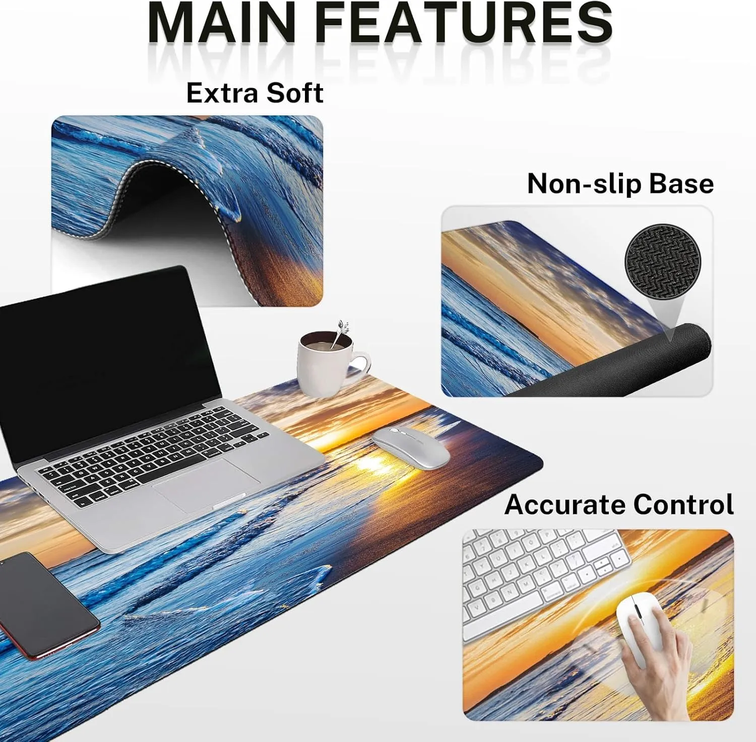 Arttown Sunset Sea Sun Desk Mat, Ocean Beach Blue Mouse Pad Set with Wrist Support, 4-in-1 Large Mousepad Keyboard Wrist Rest Mouse Wrist Rest Coaster with Ergonomic Design, Non-Slip Office Mat