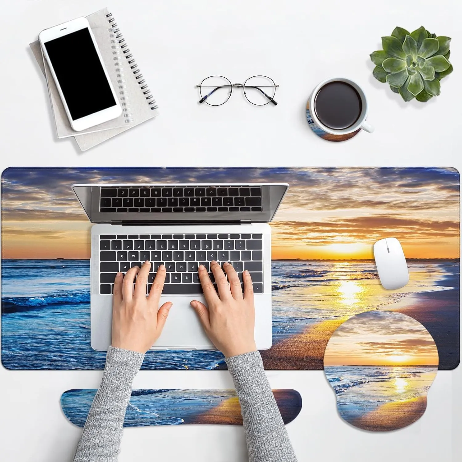 Arttown Sunset Sea Sun Desk Mat, Ocean Beach Blue Mouse Pad Set with Wrist Support, 4-in-1 Large Mousepad Keyboard Wrist Rest Mouse Wrist Rest Coaster with Ergonomic Design, Non-Slip Office Mat