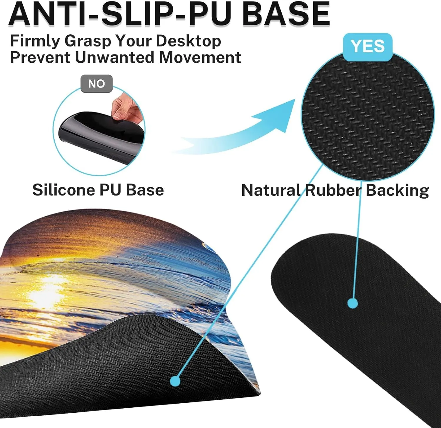 Arttown Sunset Sea Sun Desk Mat, Ocean Beach Blue Mouse Pad Set with Wrist Support, 4-in-1 Large Mousepad Keyboard Wrist Rest Mouse Wrist Rest Coaster with Ergonomic Design, Non-Slip Office Mat