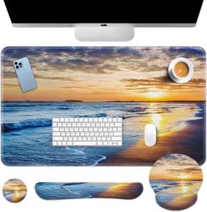 Arttown Sunset Sea Sun Desk Mat, Ocean Beach Blue Mouse Pad Set with Wrist Support, 4-in-1 Large Mousepad Keyboard Wrist Rest Mouse Wrist Rest Coaster with Ergonomic Design, Non-Slip Office Mat