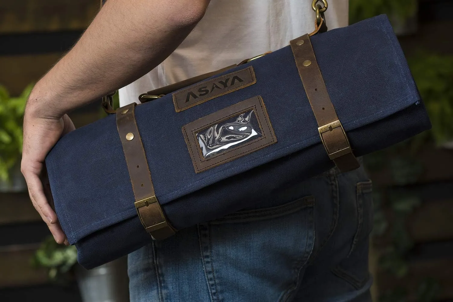 Asaya Waxed Canvas Knife Roll - 15 Knife Slots, Card Holder and Large Zippered Pocket - Genuine Leather, Cloth and Brass Buckles - for Chefs and Culinary Students - Knives Not Included