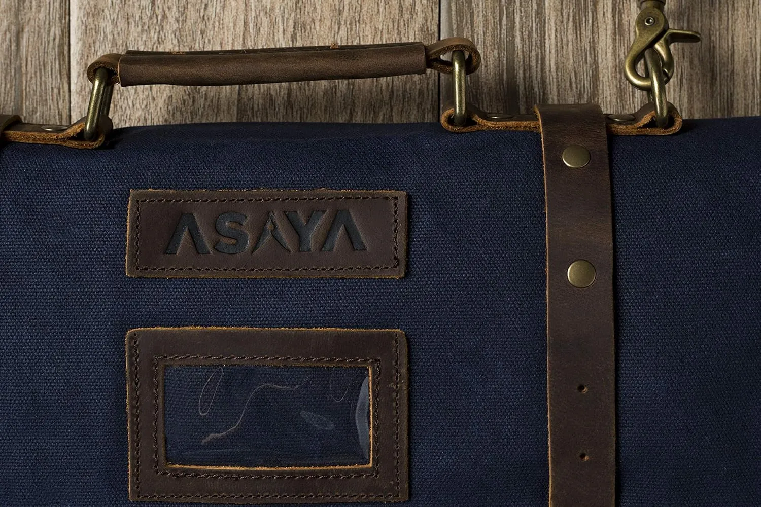 Asaya Waxed Canvas Knife Roll - 15 Knife Slots, Card Holder and Large Zippered Pocket - Genuine Leather, Cloth and Brass Buckles - for Chefs and Culinary Students - Knives Not Included