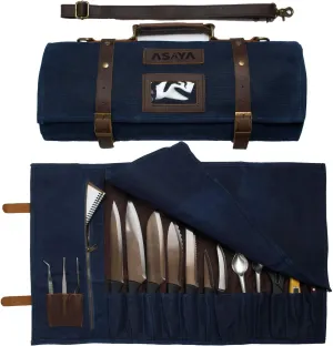 Asaya Waxed Canvas Knife Roll - 15 Knife Slots, Card Holder and Large Zippered Pocket - Genuine Leather, Cloth and Brass Buckles - for Chefs and Culinary Students - Knives Not Included