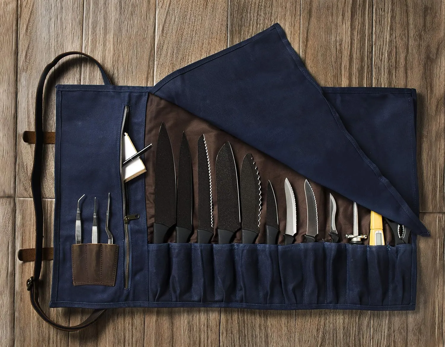 Asaya Waxed Canvas Knife Roll - 15 Knife Slots, Card Holder and Large Zippered Pocket - Genuine Leather, Cloth and Brass Buckles - for Chefs and Culinary Students - Knives Not Included