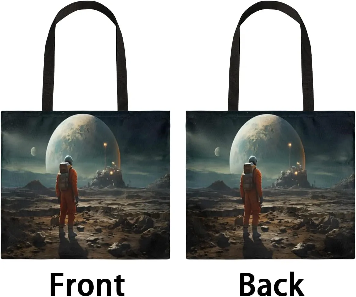 Astronaut Looking Up At Earth Canvas Tote Bag for Women Men Stylish Tote Handbag Shoulder Bag Reusable Grocery Bag