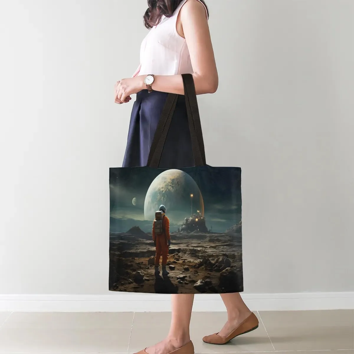 Astronaut Looking Up At Earth Canvas Tote Bag for Women Men Stylish Tote Handbag Shoulder Bag Reusable Grocery Bag