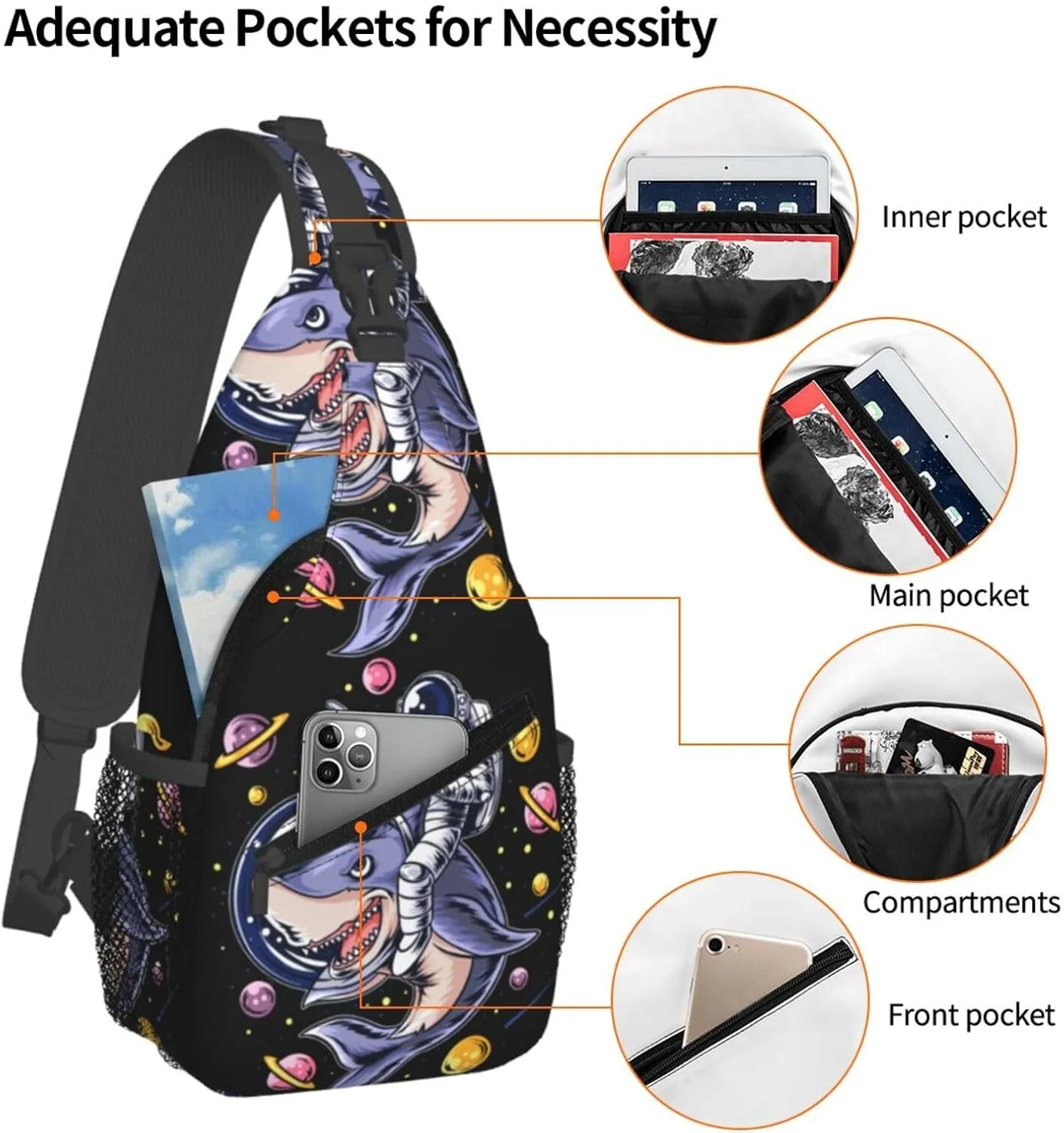 Astronauts Ride A Shark In Space With The Planets Chest Sling Bag Crossbody Shoulder Backpack Bag Gym Cycling Daypack Travel Hiking Cross Bag