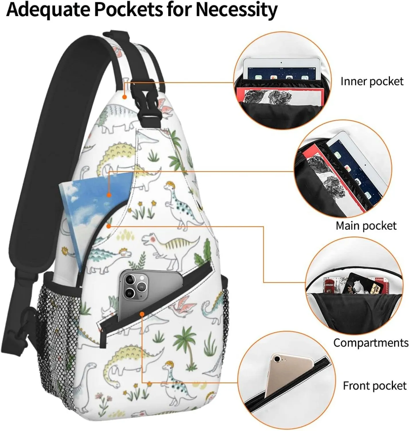 ASYG Cute Dinosaur Sling Bag Dino Crossbody Chest Daypack Casual Backpack Women Shoulder Bag For Travel Picnic
