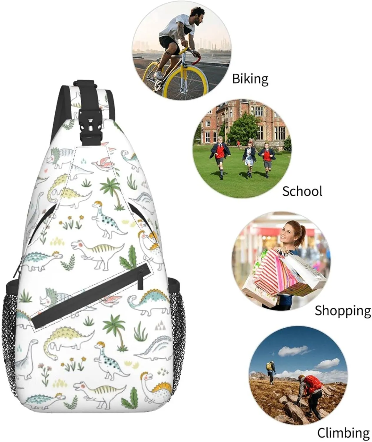 ASYG Cute Dinosaur Sling Bag Dino Crossbody Chest Daypack Casual Backpack Women Shoulder Bag For Travel Picnic