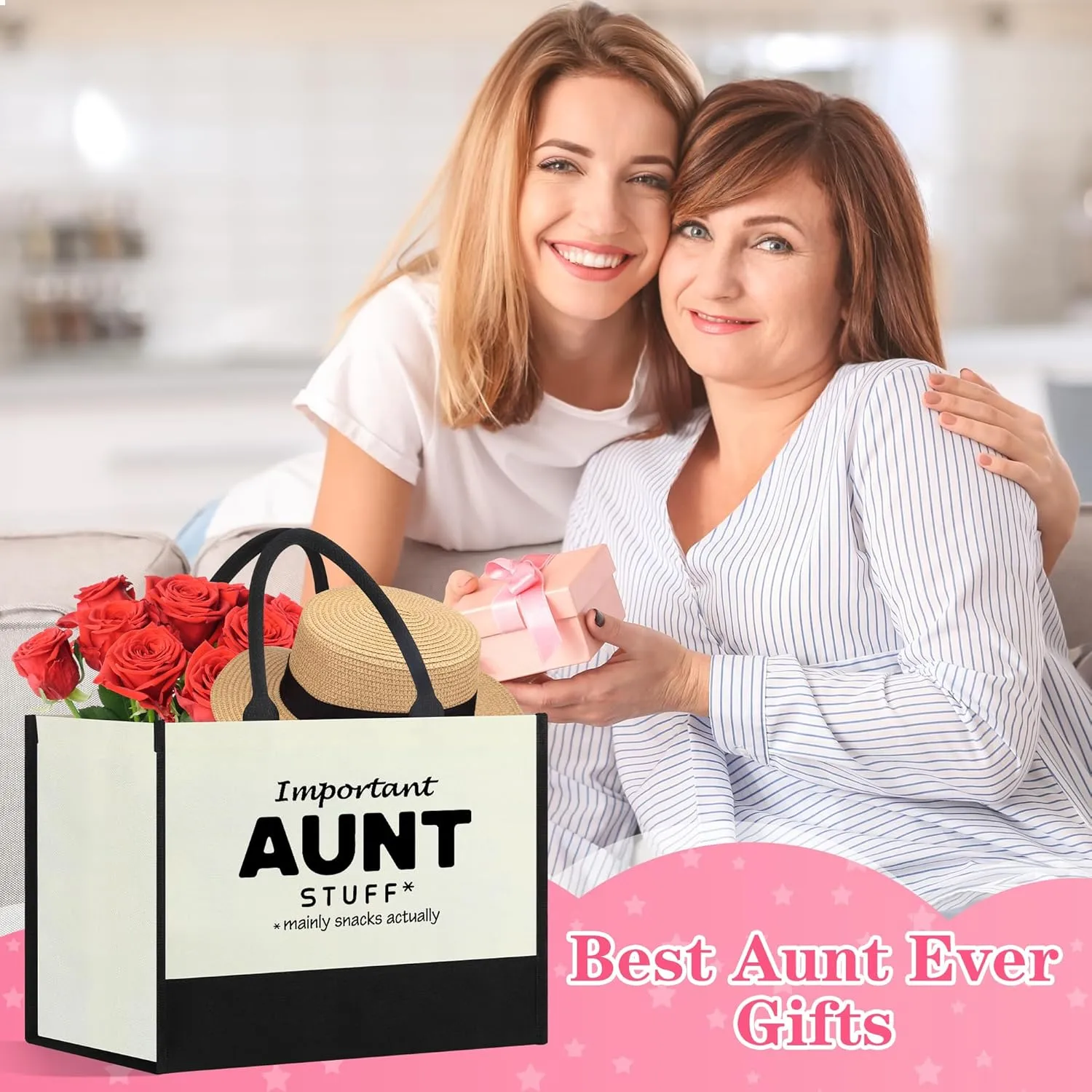 Aunt Gifts,Mothers Day Gift,Birthday Present for New Aunt from Nephew Niece,Women Canvas Tote Bag Shopping Bag Makeup Bag for Auntie,Best Aunt Ever Gifts