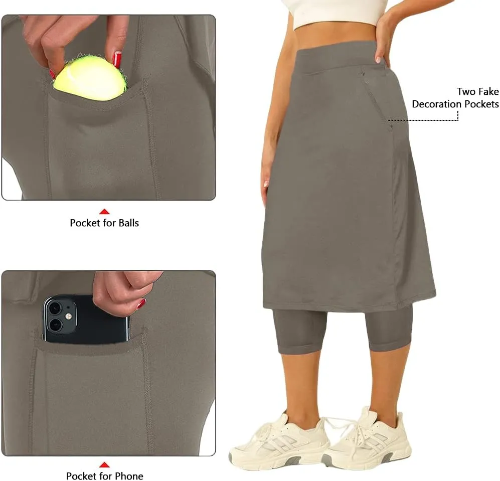Aurgelmir Womens Tennis Skirt with Capris Leggings Golf Knee Length Skorts Athletic Long Skirts for Women with Pockets