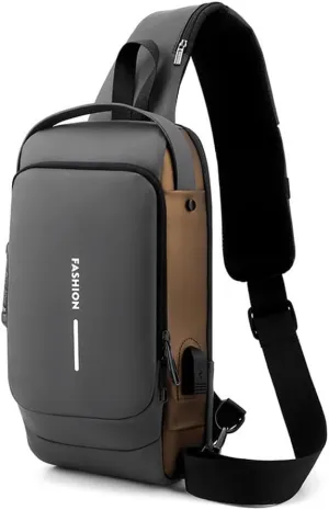 Auricz Bag, New Carbon Fiber Streamline Anti-Theft Sling Bag, USB Sports Crossbody Waterproof Shoulder Backpack(Gray Gold)