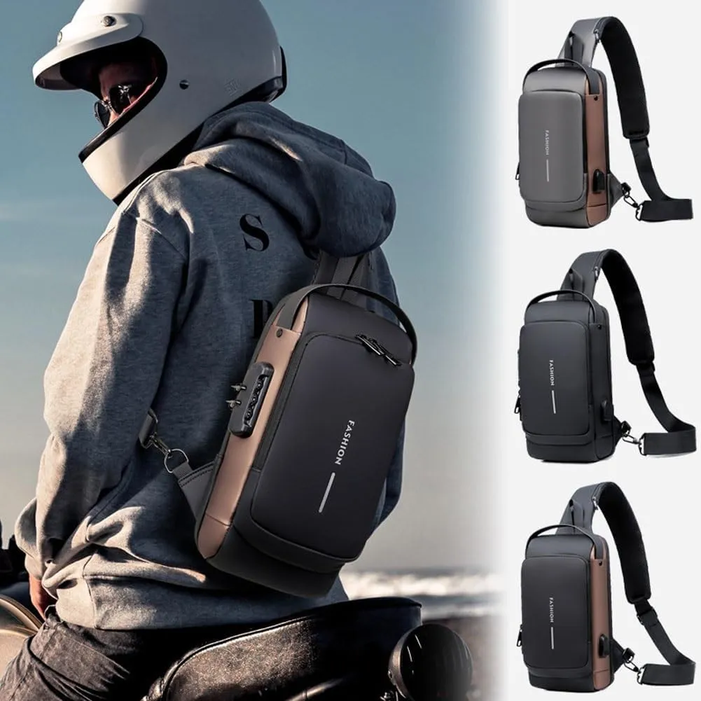 Auricz Bag, New Carbon Fiber Streamline Anti-Theft Sling Bag, USB Sports Crossbody Waterproof Shoulder Backpack(Gray Gold)