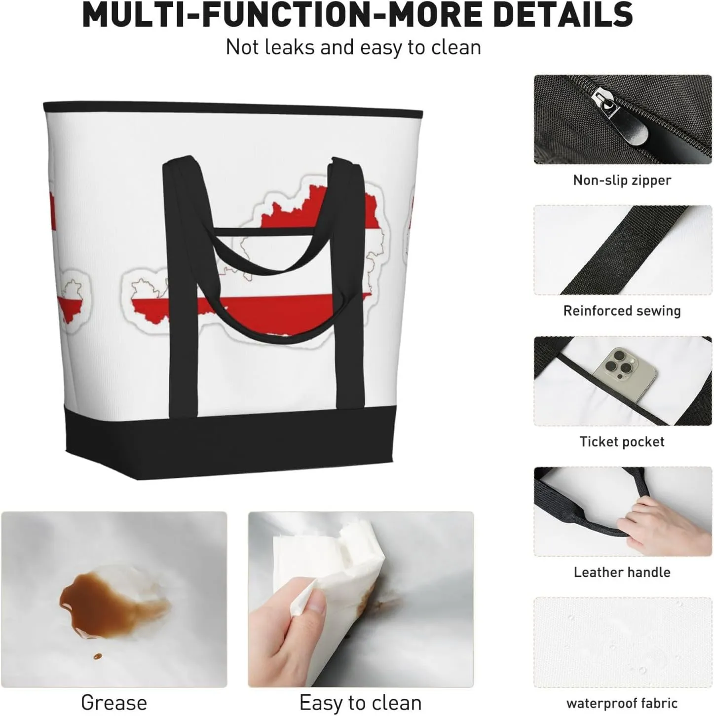 Austrian Flag Map Beach bag suitable for women Large insulated grocery shopping bag with pocket zipper canvas handbag