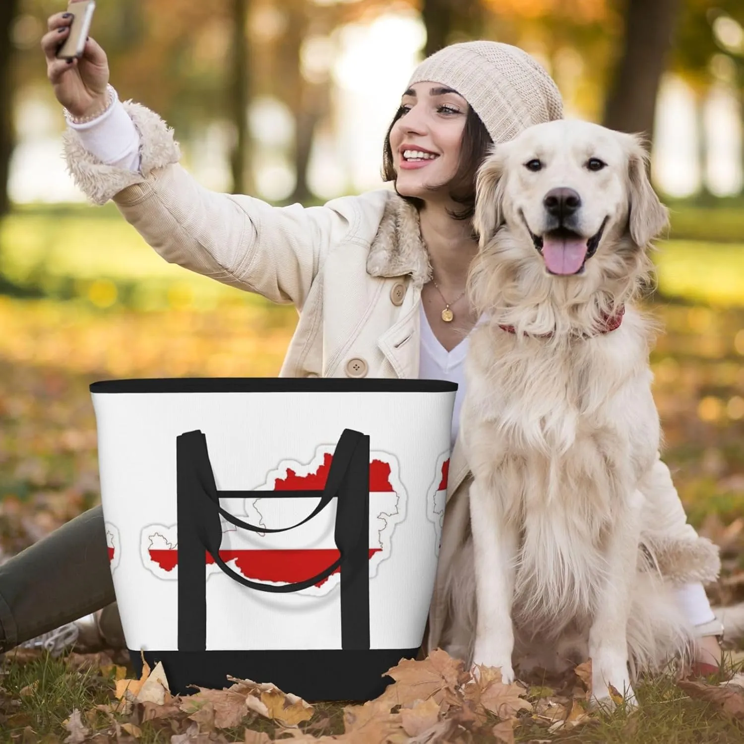 Austrian Flag Map Beach bag suitable for women Large insulated grocery shopping bag with pocket zipper canvas handbag