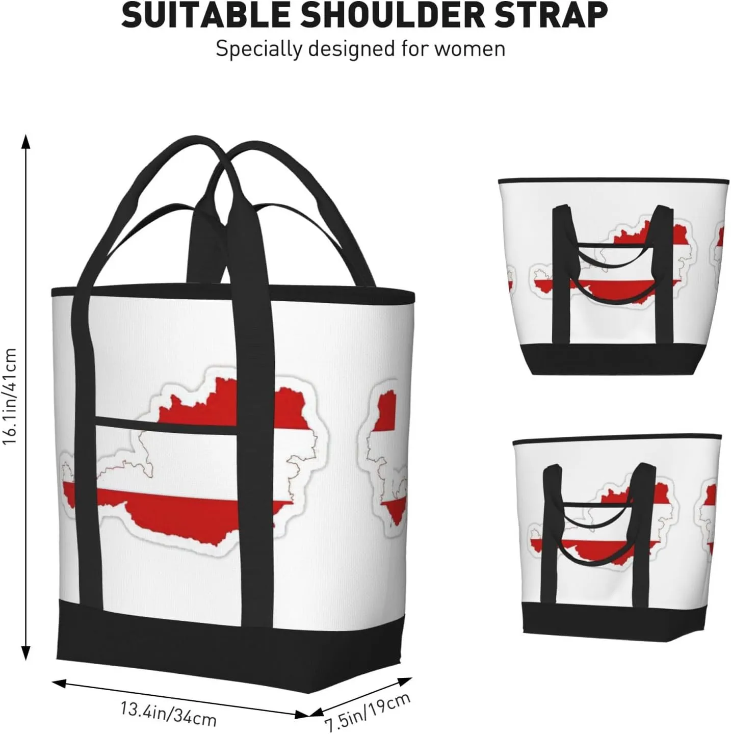Austrian Flag Map Beach bag suitable for women Large insulated grocery shopping bag with pocket zipper canvas handbag