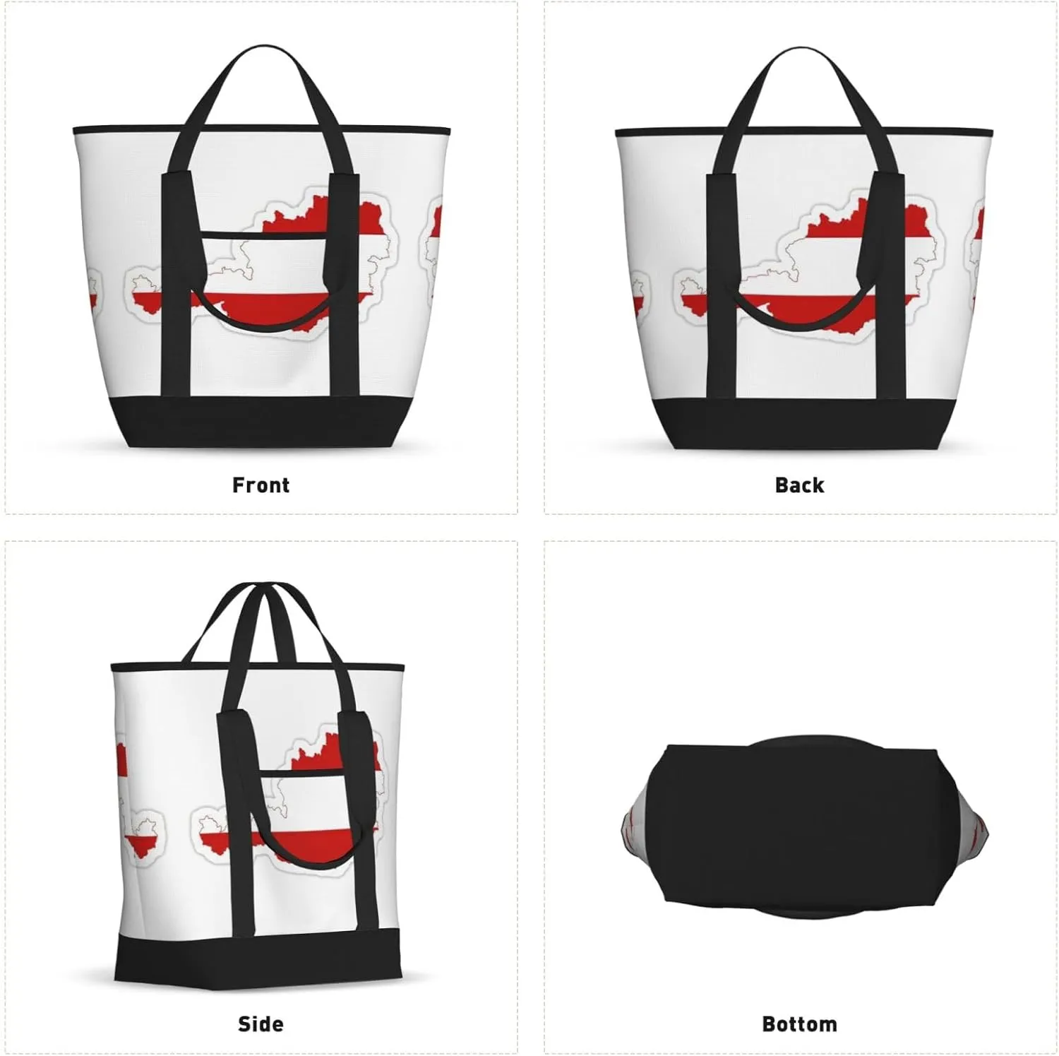 Austrian Flag Map Beach bag suitable for women Large insulated grocery shopping bag with pocket zipper canvas handbag