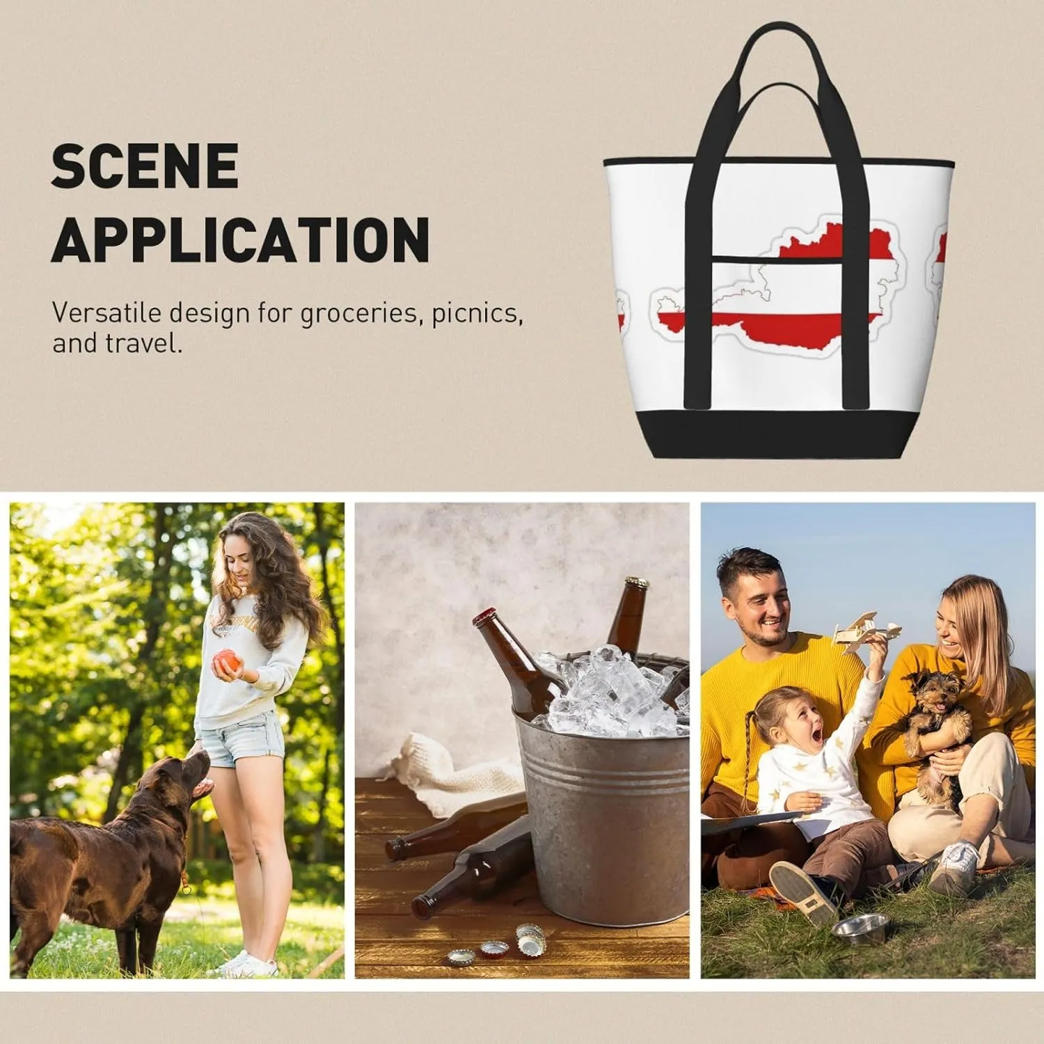 Austrian Flag Map Beach bag suitable for women Large insulated grocery shopping bag with pocket zipper canvas handbag