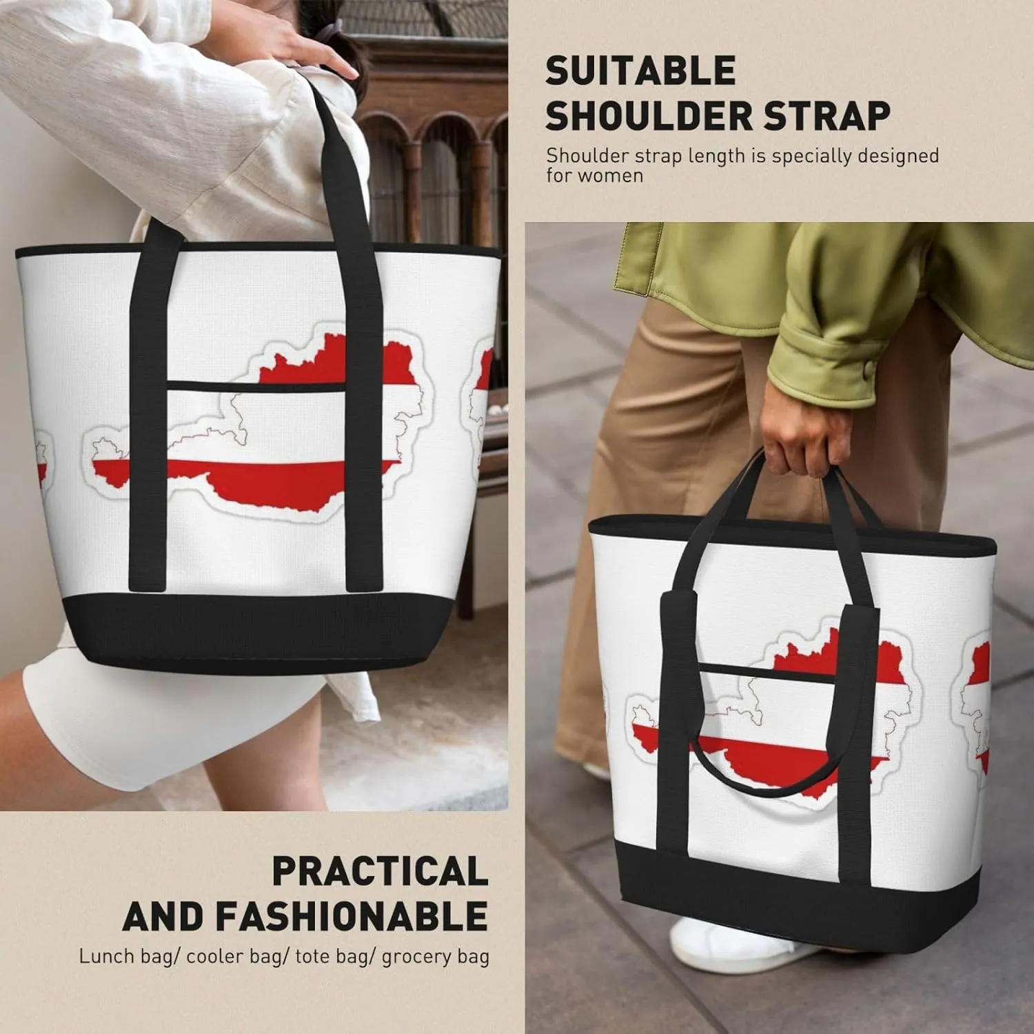 Austrian Flag Map Beach bag suitable for women Large insulated grocery shopping bag with pocket zipper canvas handbag