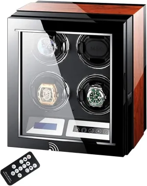 Automatic Watch Winder LCD Touch Screen Display Super Quiet Motor Wooden Piano Finish with Remote Control & Led Elegant Showcase Accessories,