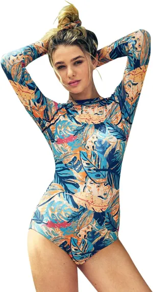 AXESEA Womens Long Sleeve Rash Guard UV UPF 50  Sun Protection Printed Zipper Surfing One Piece Swimsuit Bathing Suit
