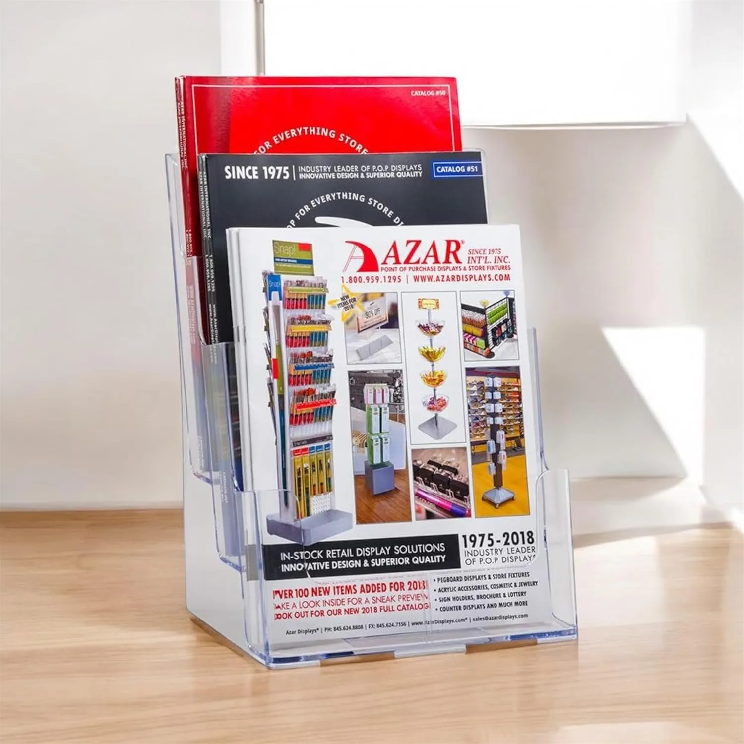 Azar Displays 252378, Brochure Holder, Acrylic Desk Organizer, Three Tier Document, Magazine & Sign Holder, Wall Mount Desk Accessories, Literature Display Stand, Divider for 4" Pamphlets, 8.5"x11"
