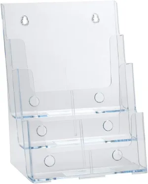 Azar Displays 252378, Brochure Holder, Acrylic Desk Organizer, Three Tier Document, Magazine & Sign Holder, Wall Mount Desk Accessories, Literature Display Stand, Divider for 4" Pamphlets, 8.5"x11"