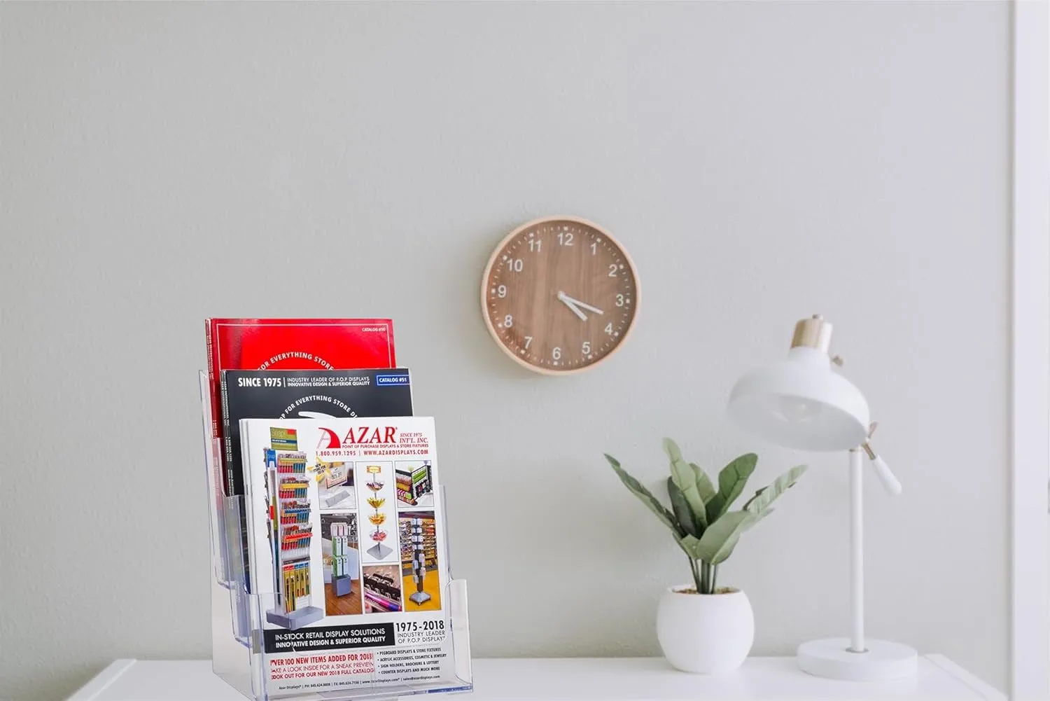 Azar Displays 252378, Brochure Holder, Acrylic Desk Organizer, Three Tier Document, Magazine & Sign Holder, Wall Mount Desk Accessories, Literature Display Stand, Divider for 4" Pamphlets, 8.5"x11"