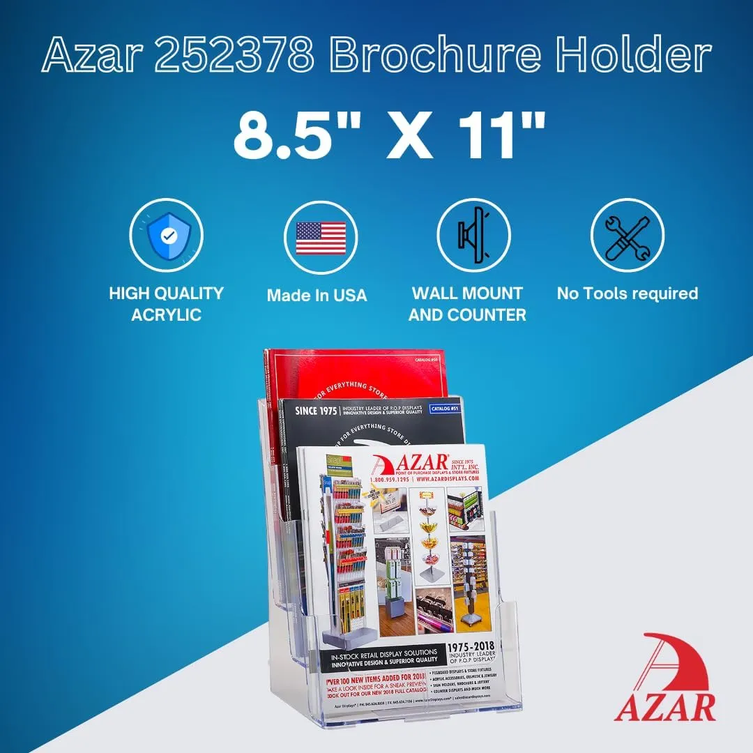 Azar Displays 252378, Brochure Holder, Acrylic Desk Organizer, Three Tier Document, Magazine & Sign Holder, Wall Mount Desk Accessories, Literature Display Stand, Divider for 4" Pamphlets, 8.5"x11"