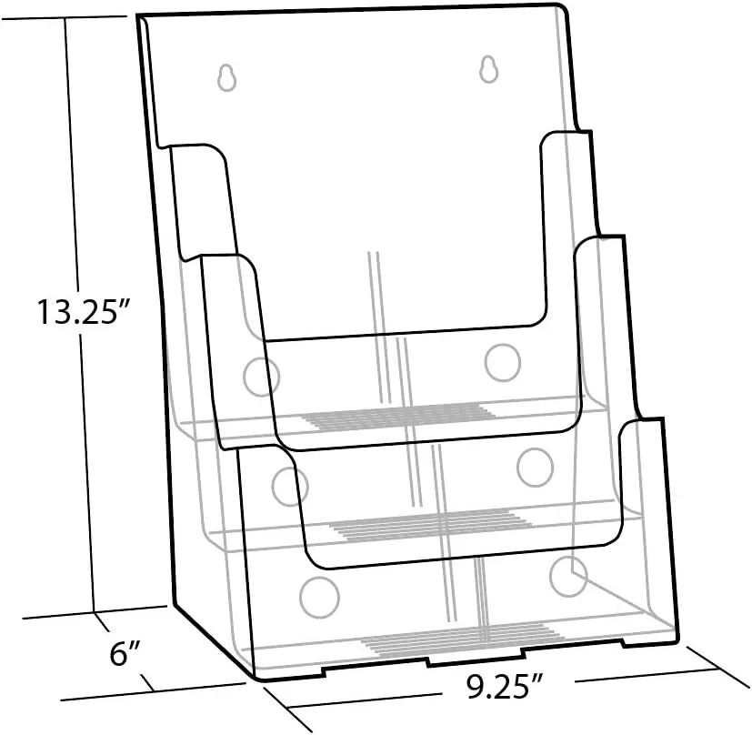 Azar Displays 252378, Brochure Holder, Acrylic Desk Organizer, Three Tier Document, Magazine & Sign Holder, Wall Mount Desk Accessories, Literature Display Stand, Divider for 4" Pamphlets, 8.5"x11"