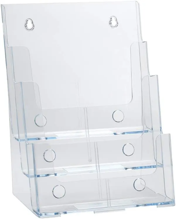 Azar Displays 252378, Brochure Holder, Acrylic Desk Organizer, Three Tier Document, Magazine & Sign Holder, Wall Mount Desk Accessories, Literature Display Stand, Divider for 4" Pamphlets, 8.5"x11"