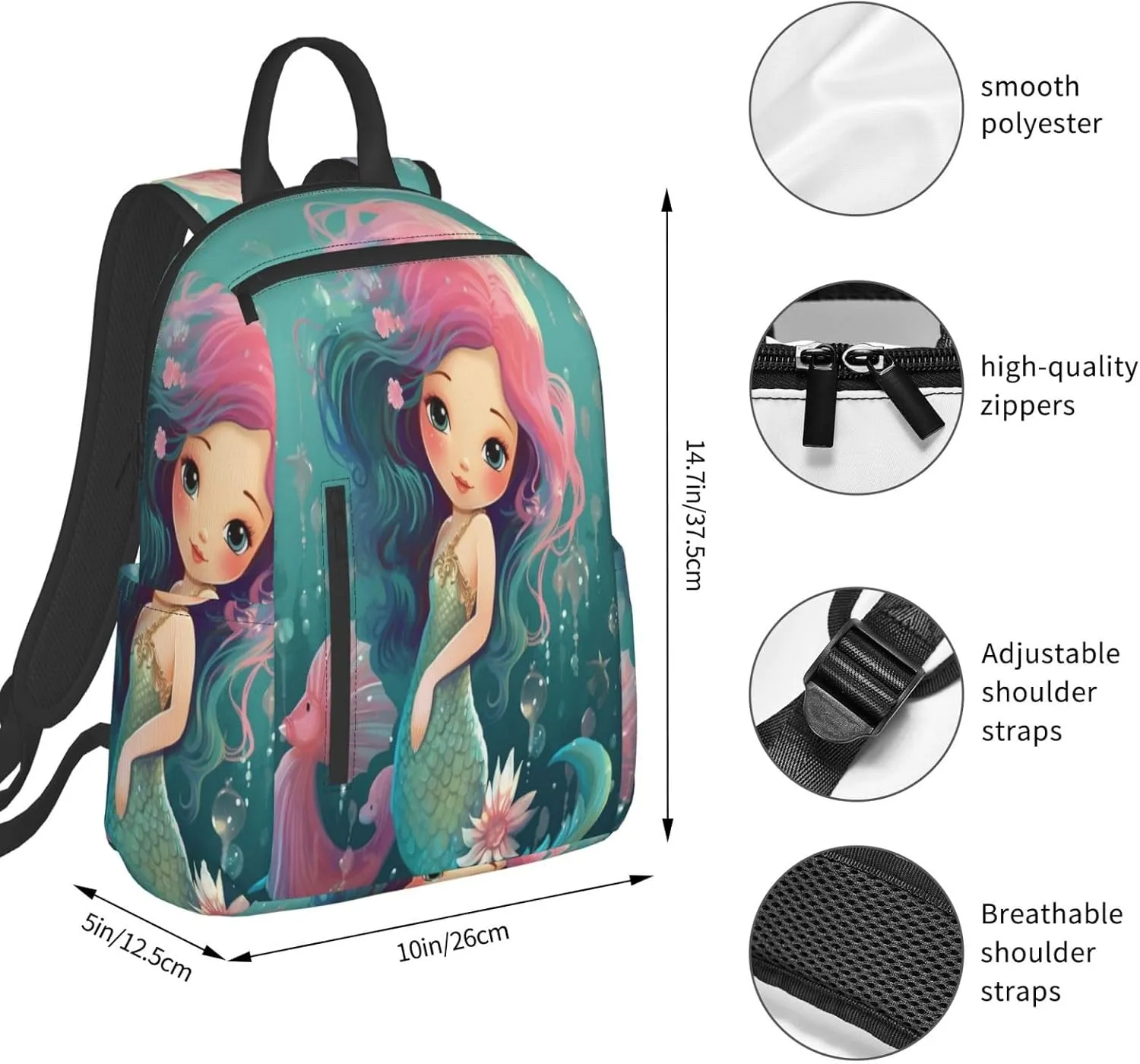 Backpack For Women Men Cute Mermaid Seahorse Animal Bookbag Lightweight Travel Casual Daypack Water Resistant Outdoor Hiking Sport Rucksack